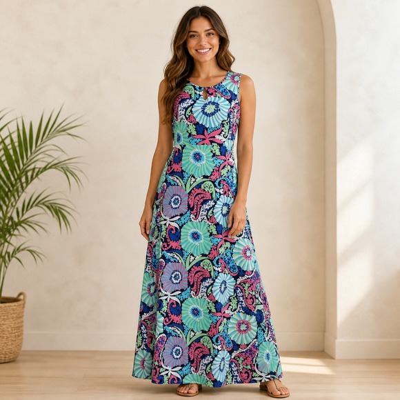 Talbots Dresses & Skirts - Talbots Womens Blue Pink Floral Paisley Sleeveless Keyhole Maxi Dress Medium